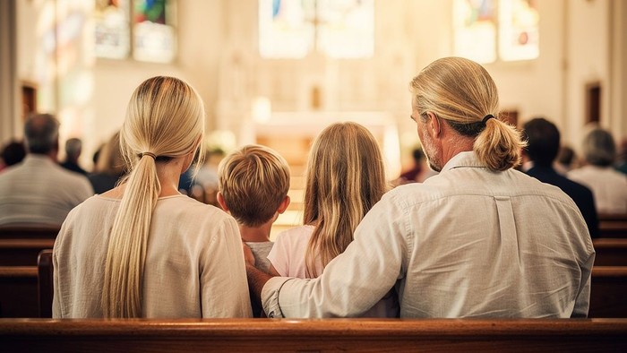 Familie sitzt in der Kirche beim Gottesdienst.