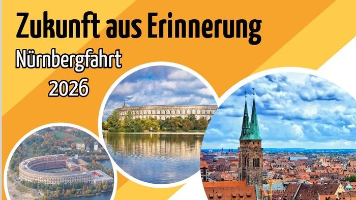 Werbeplakat für die Nürnbergfahrt 2026 mit historischen Nürnberger Sehenswürdigkeiten und malerischen Ansichten.