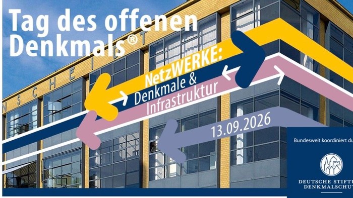 Plakat für Deutschlands „Tag des offenen Denkmals“ mit Fokus auf Denkmalschutz-Netzwerke und Infrastruktur am 13. September 2026.