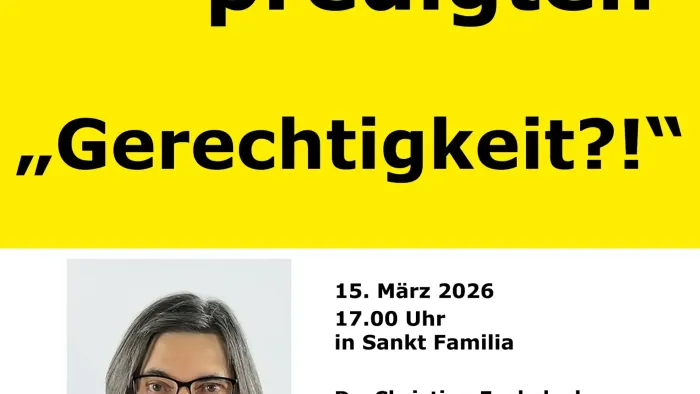 Plakat für eine Predigt über Gerechtigkeit von Dr. Christine Fuchsloch am 15. März 2026 in Kassel.