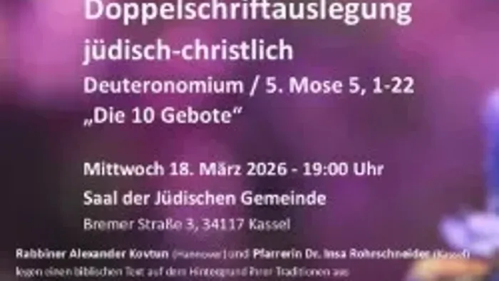 Plakat zur jüdisch-christlichen Doppel-Lesung von Deuteronomium 5 mit dem Schwerpunkt „Die Zehn Gebote“ – Diskussion am 18. März.