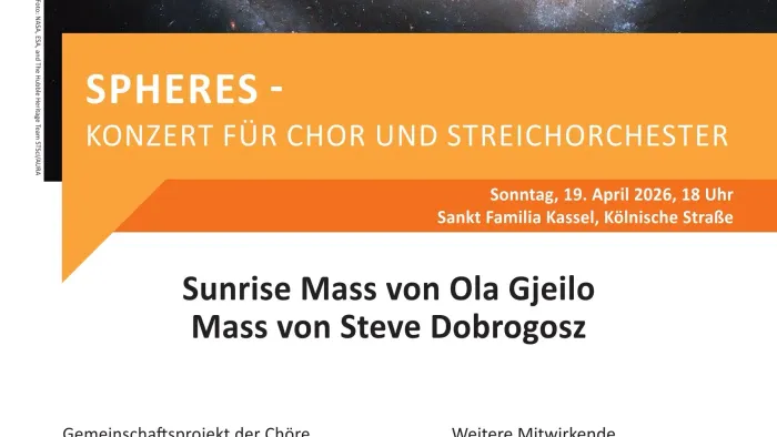 Konzertplakat für eine Chor- und Orchesteraufführung mit Messen von Gjeilo und Dobrogosz am 19. April 2026.
