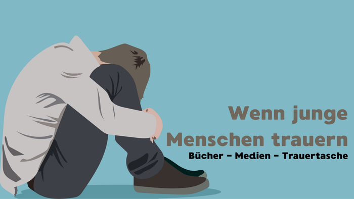 Illustration einer trauernden Person mit Text, der Ressourcen für junge Menschen anbietet, die mit Verlust umgehen.