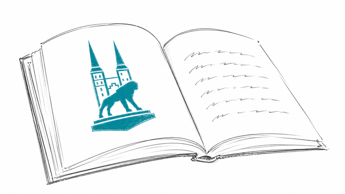 Skizze eines aufgeschlagenen Buches mit Logo des Doms