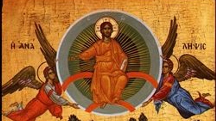 Billedet forestiller en religiøs scene med Jesus og engle.