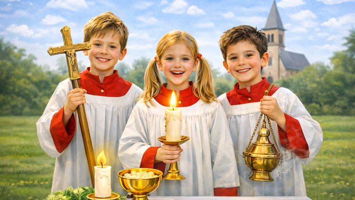 KI-Bild von drei Messdienern am Altar auf der grünen Wiese