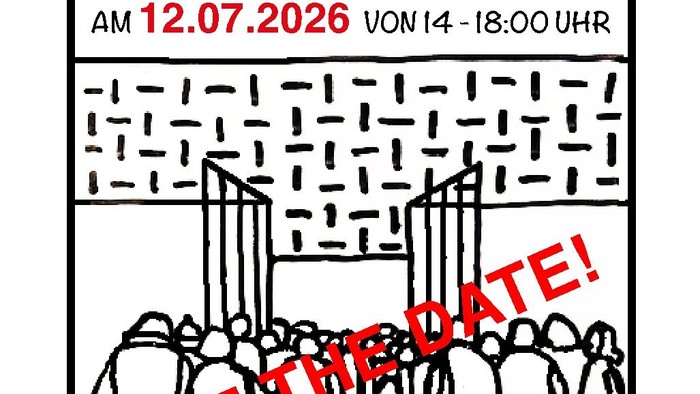 Save the Date, Tafelkirche Oberhausen Feiert am 12.07.2026 von 14-18 Uhr Tag der offenen Tür. Menschen strömen in die Tafelkirche.