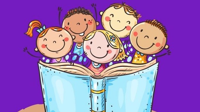 Fünf fröhlich gezeichnete Kinder unterschiedlicher Haut- und Haarfarben schauen gemeinsam aus einem großen aufgeschlagenen Buch heraus. Die Kinder lachen, heben die Arme oder lehnen sich neugierig über die Seiten.
