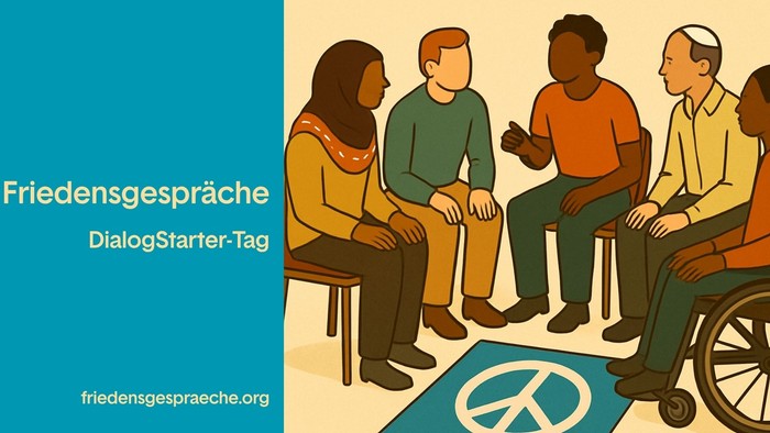 Illustration einer vielfältigen Gruppe, die Friedensgespräche während der DialogStarter-Day-Veranstaltung diskutiert.
