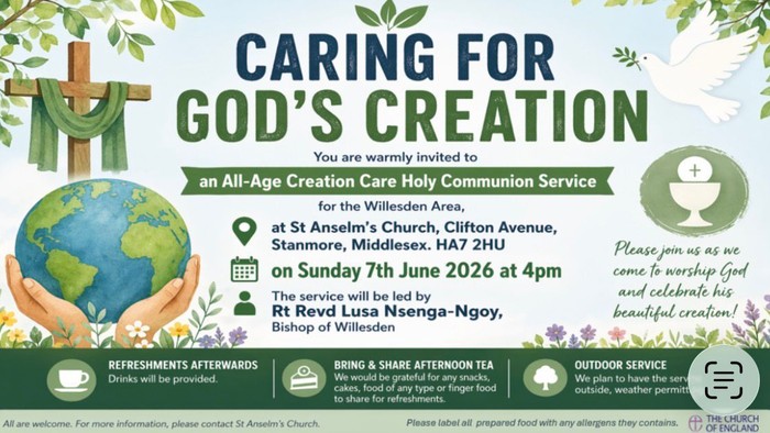 An invitation poster for an All-Age Creation Care Holy Communion Service on June 7th, 2026, at St Anselm’s Church.