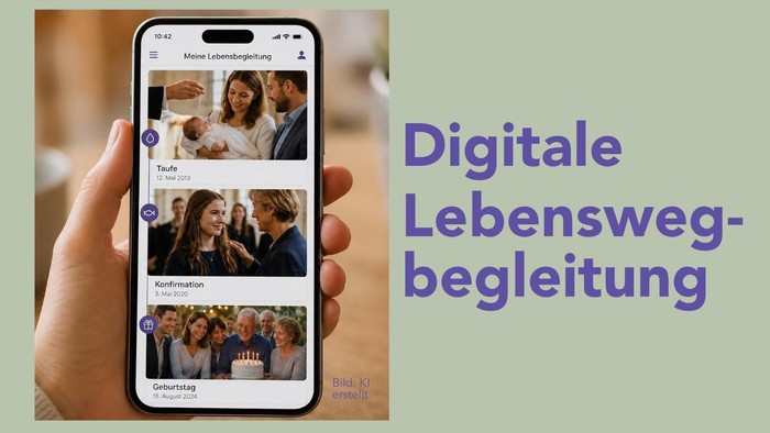 Eine Hand hält ein Handy, das digitale Lebensweg-Meilensteine anzeigt und den Text „Digitale Lebenswegbegleitung“ auf Deutsch.