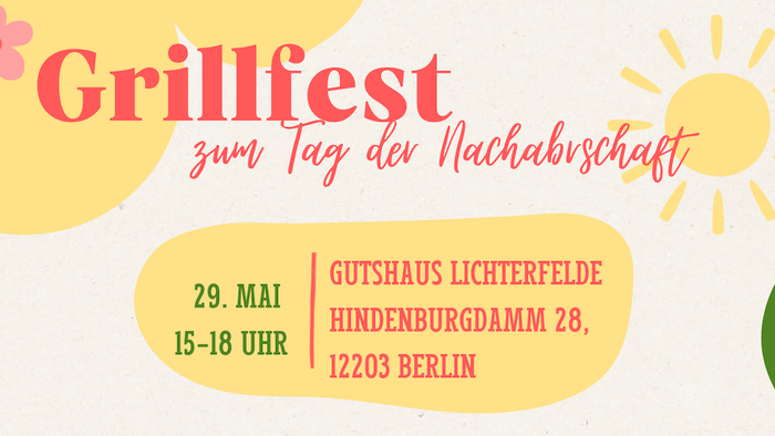 Grillfest-Flyer für den „Tag der Nachbarschaft“ im Gutshaus Lichterfelde am 29. Mai, 15–18 Uhr.