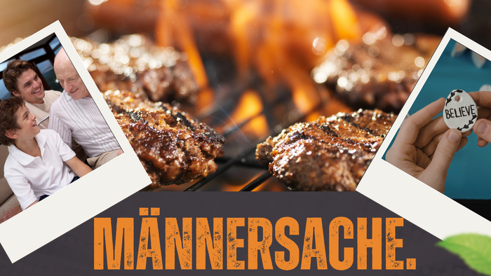 Plakat zur Männerrunde „Männersache – Wenn mich das Leben grillt“ mit Grillmotiv und Veranstaltungstermin