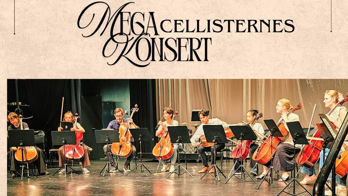 Et strygeorkester opfører en koncert med adskillige cellister i en formel koncertindstilling.