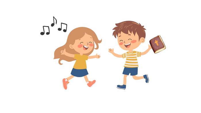 Zwei singende Kinder mit Bibel in der Hand; Graphik
