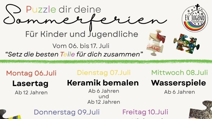 Sommercamp-Plan für Kinder und Jugendliche mit verschiedenen spaßigen Aktivitäten vom 6. bis 17. Juli.