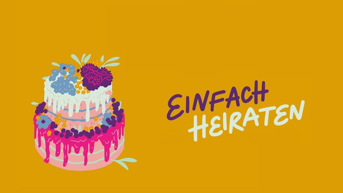 Bild von einer bunten Torte auf orangem Hintergrund. Daneben der Schriftzug 