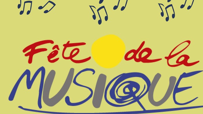 Buntes Logo zur Feier der „Fête de la Musique“ am 21. Juni mit Musiknoten und Sonnengrafik.