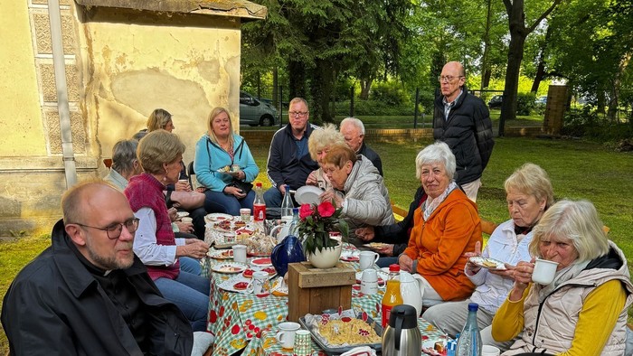 Gruppe genießt ein Picknick im Freien mit Tee, Sandwiches und Gesprächen in einer Parklandschaft.