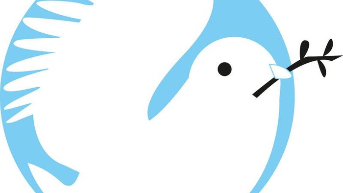 Ein stilisierter Pinguin, der einen Pinsel mit einem Zweig hält, vor einem kreisförmigen Hintergrund.