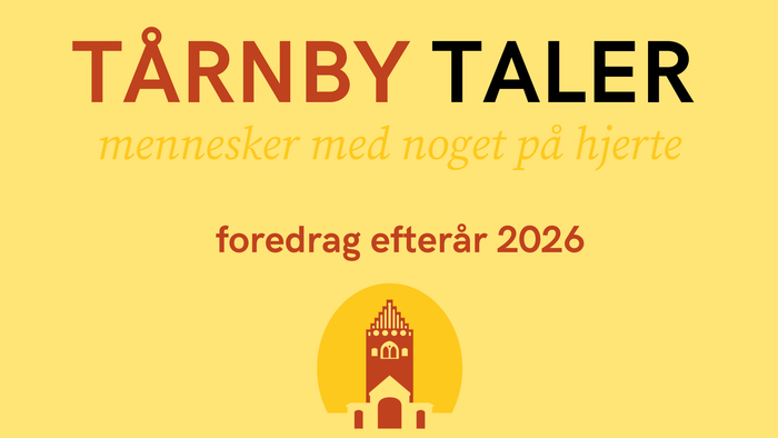 Reklameplakat for Tårnby Talers efterårsforedragsrække 2026 med inderlige temaer og en kirkeillustration.