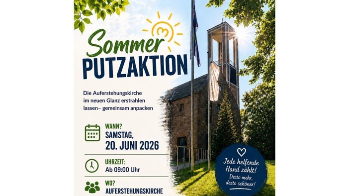 Plakat zur gemeinschaftlichen Sommerputzaktion der Auferstehungskirche am 20. Juni 2026, Beginn um 9 Uhr.