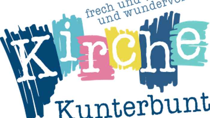 Buntes, verspieltes Logo für „Kirche Kunterbunt“ (bedeutet „bunte Kirche“) mit dem Spruch *„frech und wundervoll“* darüber.