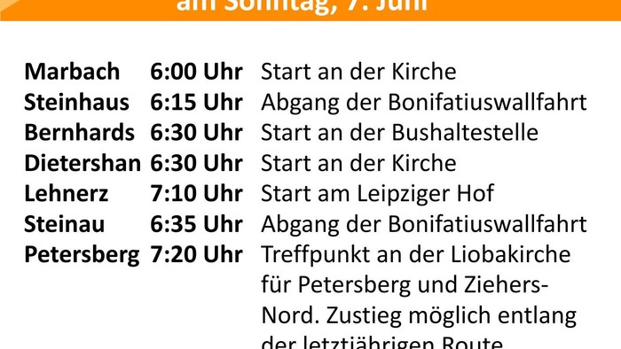 Übersicht: Start Uhrzeit und Ort der Bonifatius-Wallfahrten der Pfarrei St. Lioba
