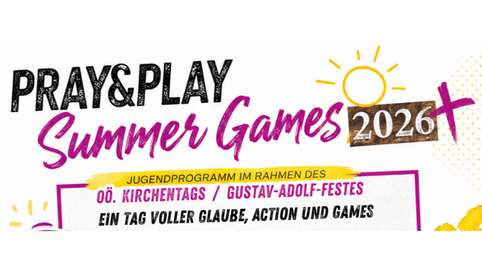 Buntes Plakat für „Pray & Play Sommer-Spiele 2026“ mit Glauben, Action und Spielen an einem sonnigen Tag.