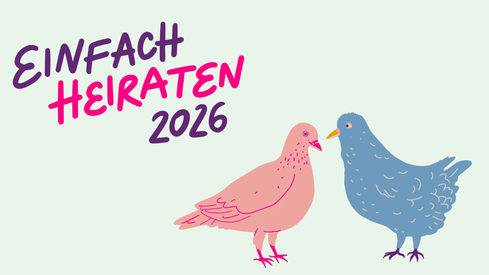 Illustrierte pinke und blaue Tauben mit dem Text „Einfach Heiraten 2026“, die einfache Hochzeiten im Jahr 2026 feiern.