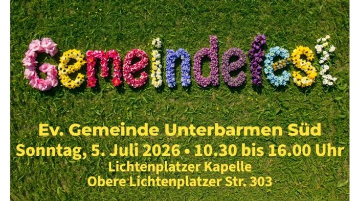 Blumengesteck mit der Aufschrift „Gemeindetes“ inklusive Veranstaltungsdetails für einen Gottesdienst am 5. Juli 2026.