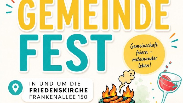 Plakat für ein Gemeindefest mit Ankündigung einer Kirchenveranstaltung mit Grillfest, Gottesdienst und Feier am 13. Juni 2026.