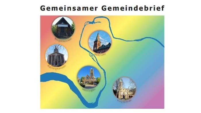 Gemeinde-Newsletter-Titelblatt mit bunter Karte der Ruhraue, vier lokalen Wahrzeichen-Bildern und Veranstaltungsterminen.