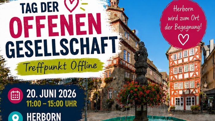Plakat für die Veranstaltung „Tag der Offenen Gesellschaft“ – ein Fest für eine offene, vielfältige Gemeinschaft in Herborn am 20. Juni 2026.