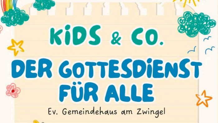 Buntes Plakat, das Kinder und Familien zu einem Gemeindegottesdienst im Ev. Gemeindehaus am Zwingel einlädt.