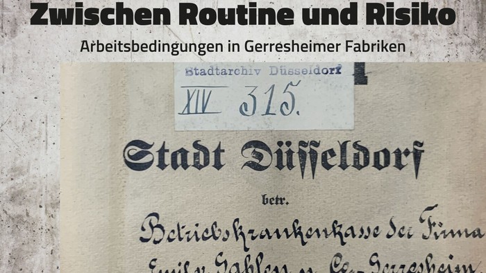 Bekanntmachung für einen Vortrag zu Arbeitsbedingungen in den Gerresheimer Werken mit dem Titel *„Zwischen Routine und Risiko“* am 16. Juni 2026.