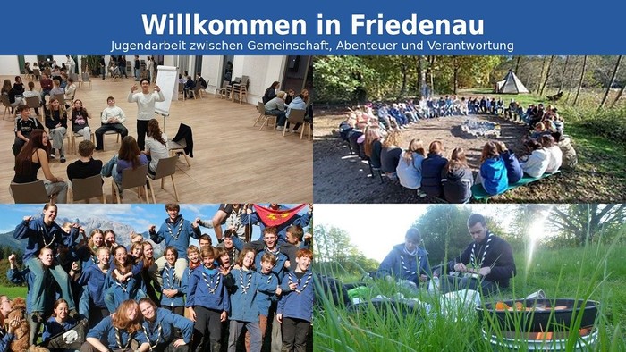 Mosaik aus vier Fotos der kirchlichen Kinder- und Jugendarbeit in Friedenau mit blauem Titelbalken „Willkommen in Friedenau“