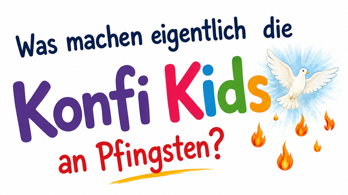 Buntes Logo, das fragt, was Konfirmanden (Konfirmationskinder) an Pfingsten machen, mit einer Taube und Flammen.