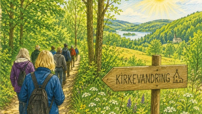 En gruppe vandrer ad en naturskøn sti mod en kirke markeret med 