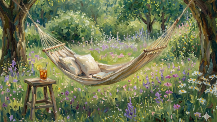 Impressionistisch gemalte Hängematte zwischen zwei Bäumen in einem üppig grünen, blühenden Garten; darin liegen Kissen und ein Buch, daneben steht ein kleiner Hocker mit einem Glas Eistee – eine ruhige, sommerliche Szene voller Licht und Farben.