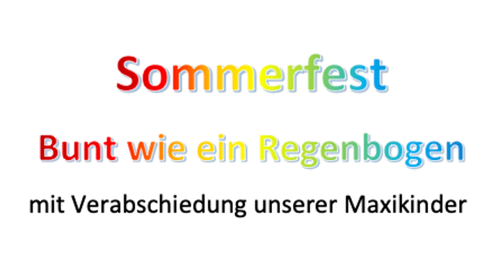 Ein buntes Sommerfest-Einladung für Kinder mit Aktivitäten, Essen und einer Abschiedsfeier am 14. Juni 2026.
