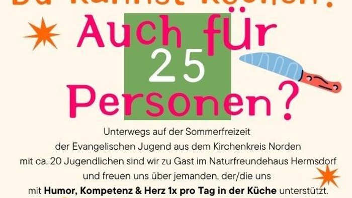 Freiwilligen-Kochveranstaltung für 25 Personen während eines Jugend-Sommerlagers in Berlin, Helfer:innen mit Kochkenntnissen gesucht.