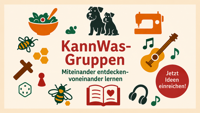 Bunte Grafik zur Bewerbung der KannWas-Gruppen für gemeinsames Lernen und Entdecken durch verschiedene Aktivitäten und Hobbys.