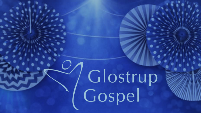 Logo for Glostrup Gospel med stiliserede vifte-designs og abstrakte blå mønstre med kirkens navn.