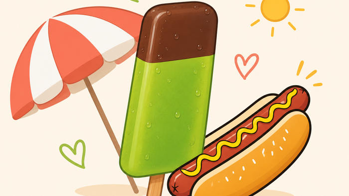 Farverig ispind, hotdogbolle med sennep og stribet paraply i et solrigt, muntert sommerscene.