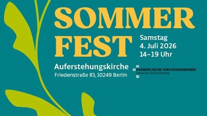 man sieht eine Blume auf blauem Hintergrund, die alle Angebote des Sommerfestes in die Welt bläst, wie eine Trompete.