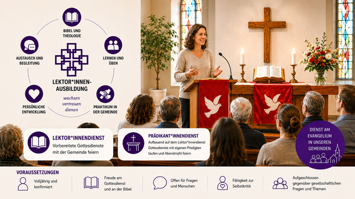 Fotorealistische Szene eines evangelischen Gottesdienstes: Eine Frau spricht freundlich am Lesepult vor einer sitzenden Gemeinde in einer hellen Kirche. Rote Paramente mit weißer Taube schmücken Altar und Pult, im Hintergrund steht ein Holzkreuz. Links da