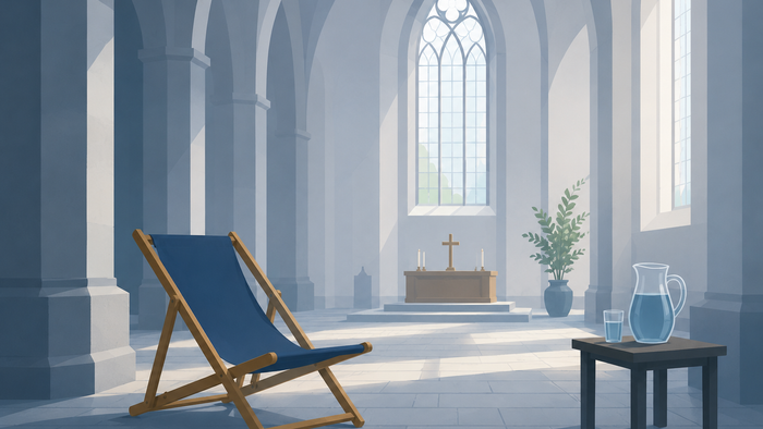 Illustrative, ruhige Digitalgrafik einer hellen, kühlen Kirche mit hohen gotischen Bögen und weichem Tageslicht. Im Vordergrund steht ein blauer Liegestuhl auf dem Kirchenboden, daneben ein kleiner Tisch mit Wasserkrug und Glas. Im Hintergrund sind Altar,