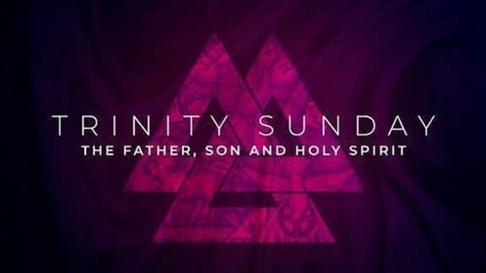 Trinity Sunday graphic with purple background and triangular symbol