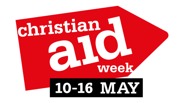 Logo for Christian Aid Week from 10 to 16 May, featuring a red arrow and white text.